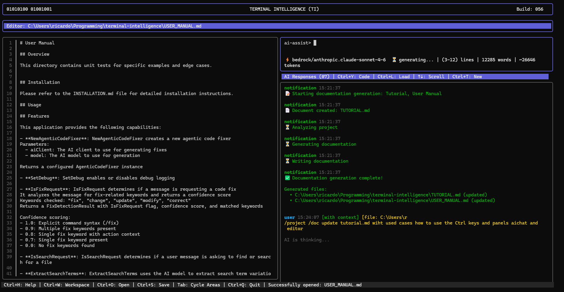 Terminal Intelligence Main Interface showing code and AI assistant